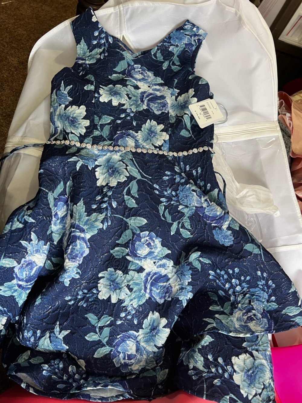 Rare Editions Navy Blue Floral Party Dress with Rhinestone Waistband